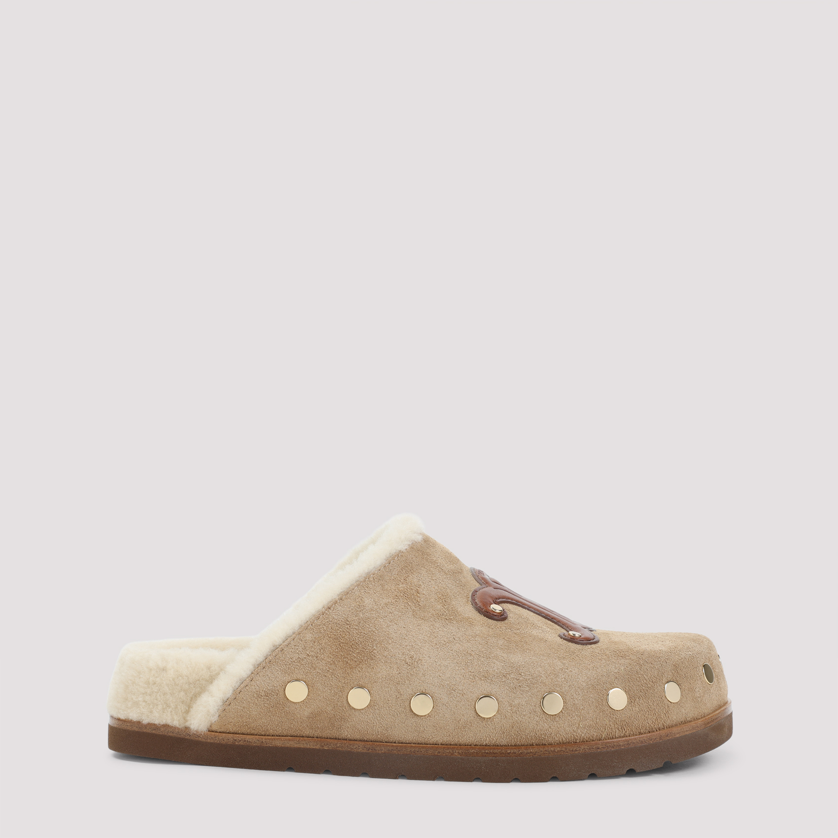 Celine Women's Brown Triomphe Wedge 15Mm Mules Suede Leather Shearling