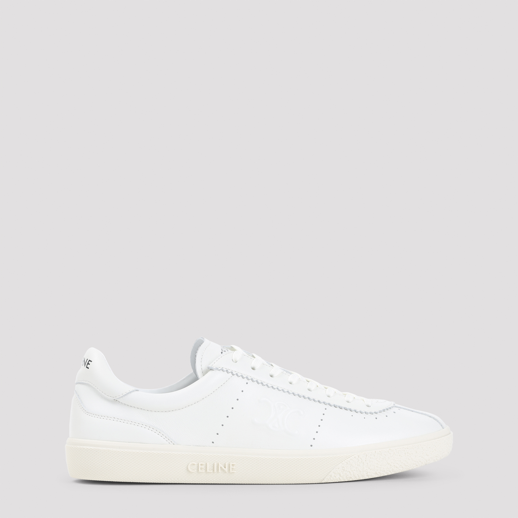 Celine Men's White Low Lace-Up Sneakers With Triomphe Calfskin Rubber