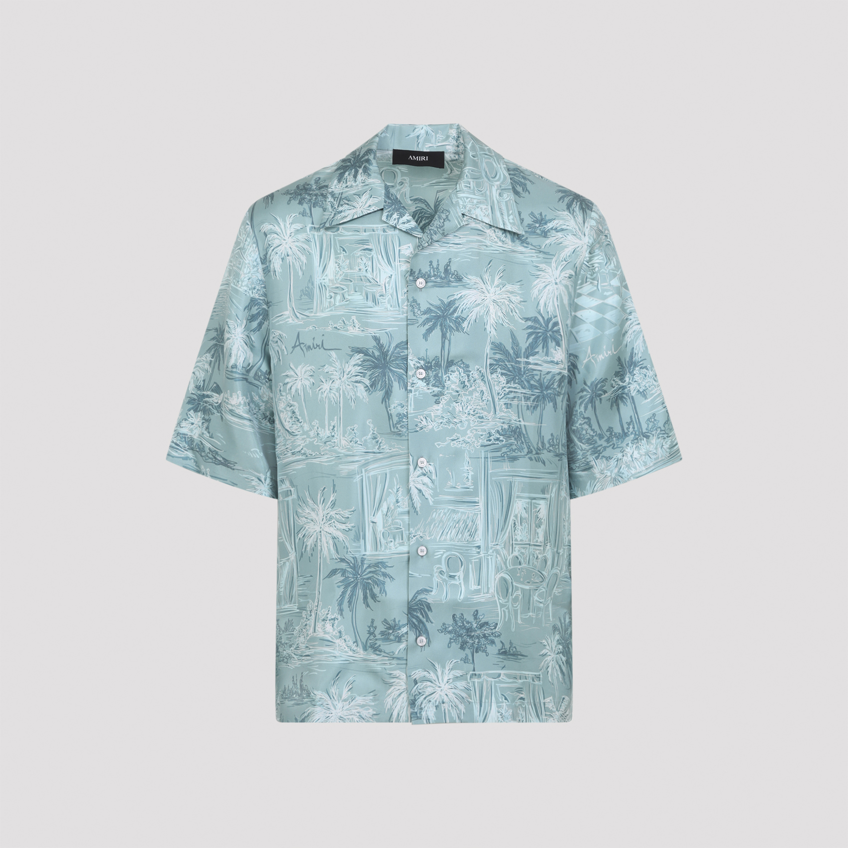 Amiri Amiri Chateau Sketch Bowling Shirt Blue Silk - Men　アミリ シャトー スケッチ ボウリング シャツ ブルー シルク - メンズ